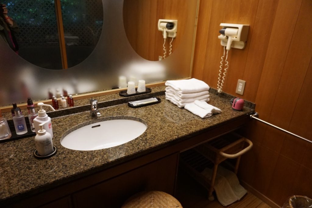 Bathroom vanity of the Hatsune Room at Nishimuraya Honkan Ryokan.