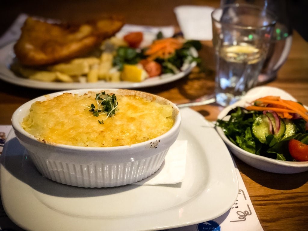 Fisherman's Pie and Fish and Chips entrees in a restaurants in Ireland