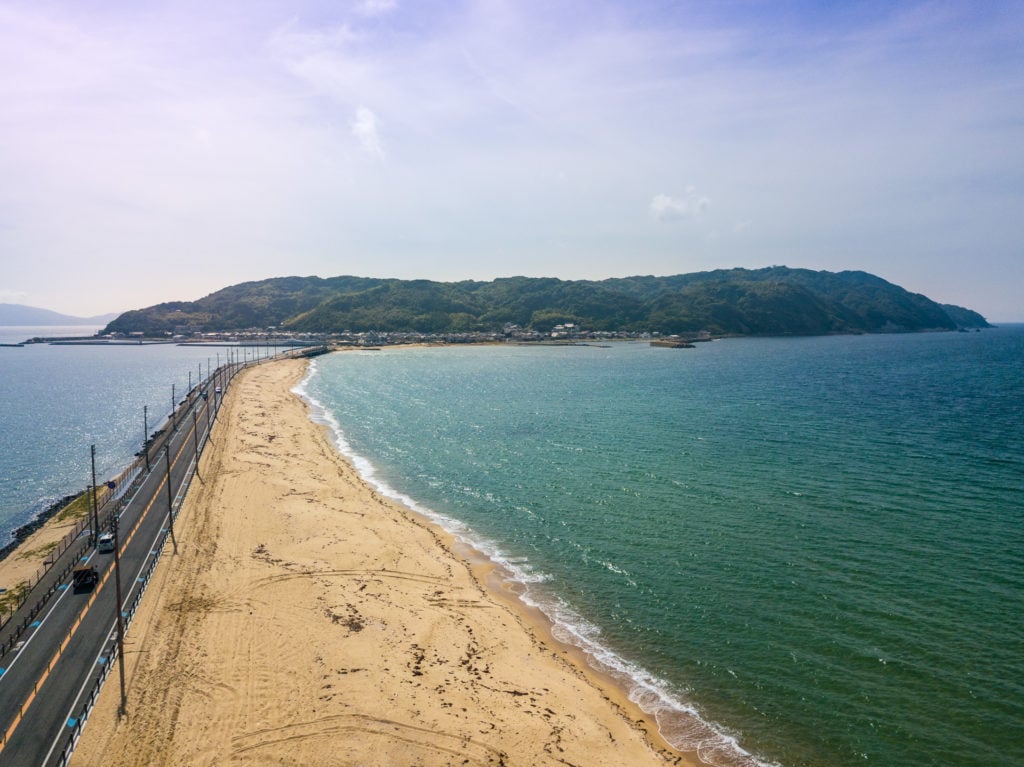 Aerial view of Shikanoshima Bridge and Beach