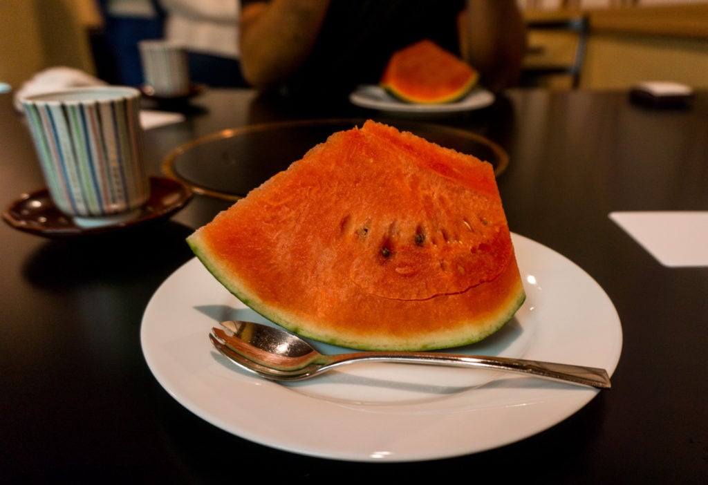 A slice of fresh watermelon at Hakata Izumi in Fukuoka, Japan