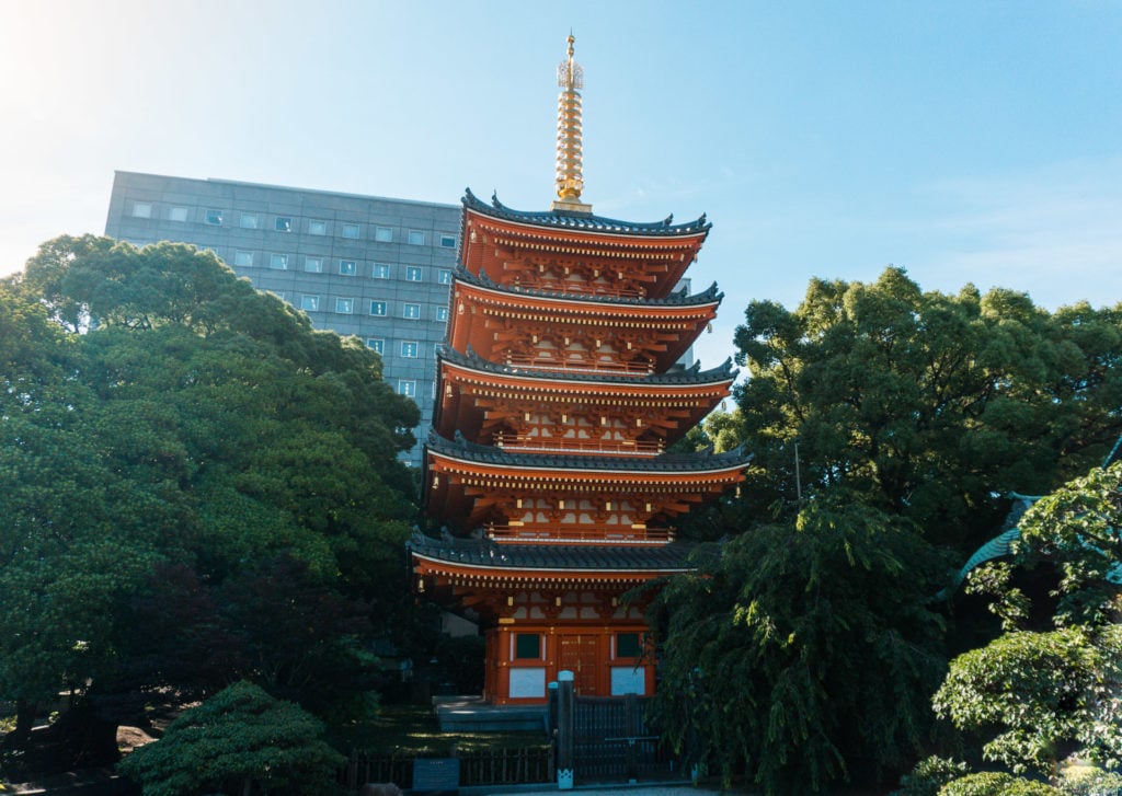 Red pagoda at Tochoji Temple in Fukuoka