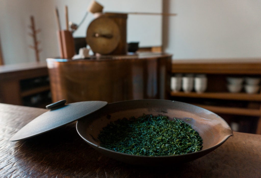 Bowl with steeped green tea leaves at YOROZU - Fukuoka