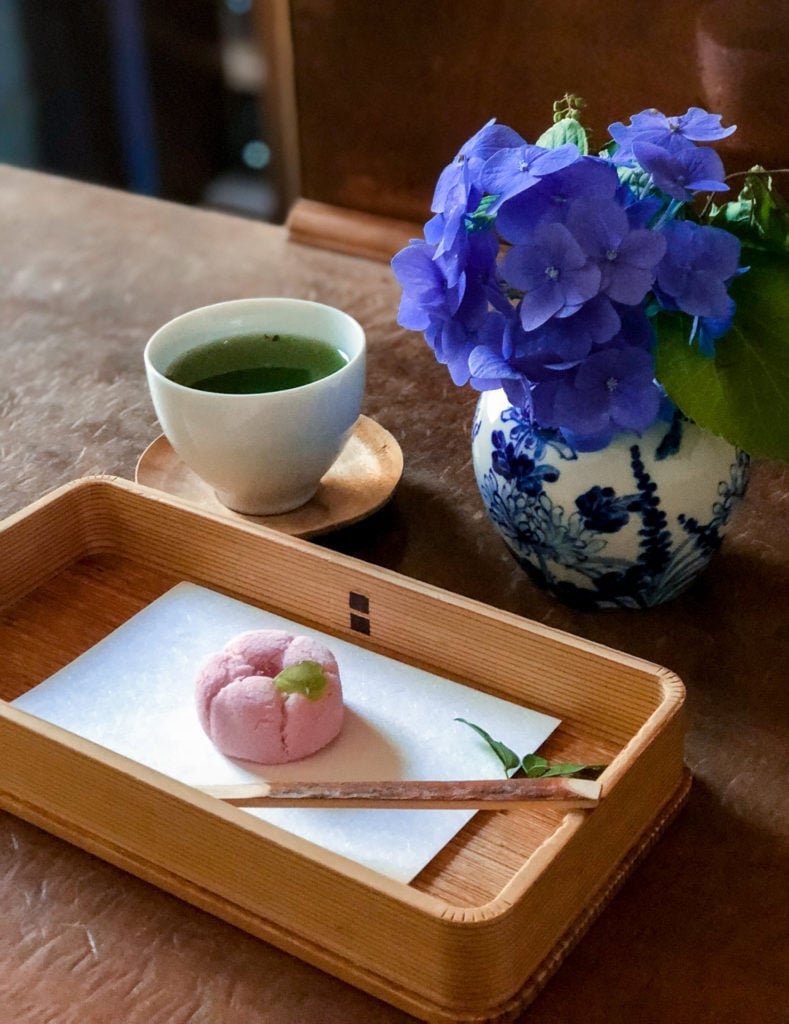 Pink hydrangea flower wagashi from YOROZU in Fukuoka, Japan