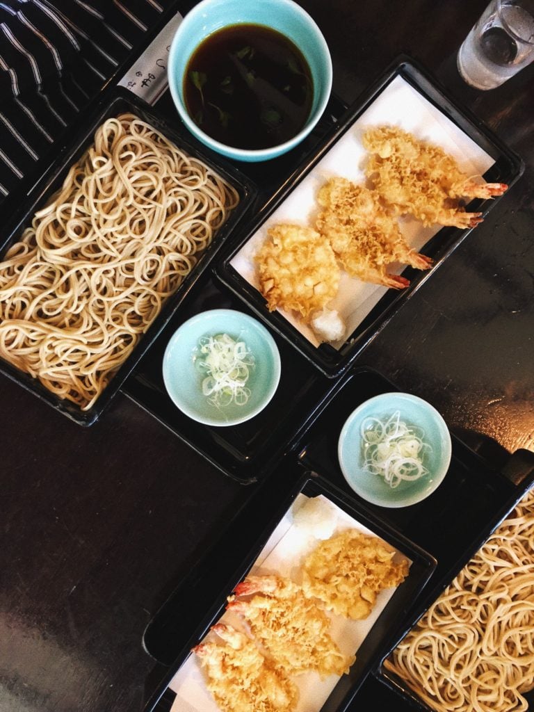 soba set with tempura shrimp and tempura squid from Kanda Matsuya in Tokyo, Japan