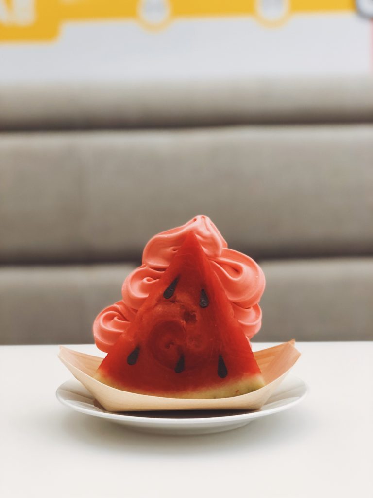 A slice of watermelon with watermelon soft serve inside the middle from Dominque Ansel Bakery Tokyo