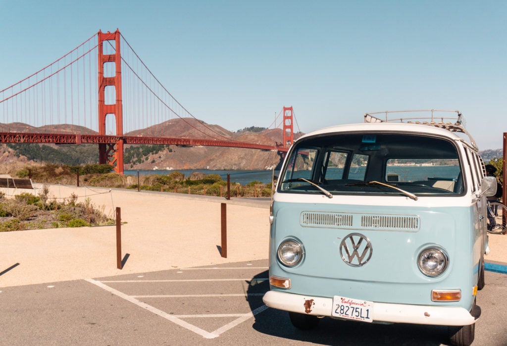 VW Bus in front of Golden Gate Bridge - San Francisco