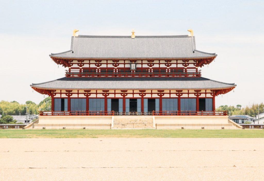 Heijo Palace site from the front (large red temple building)