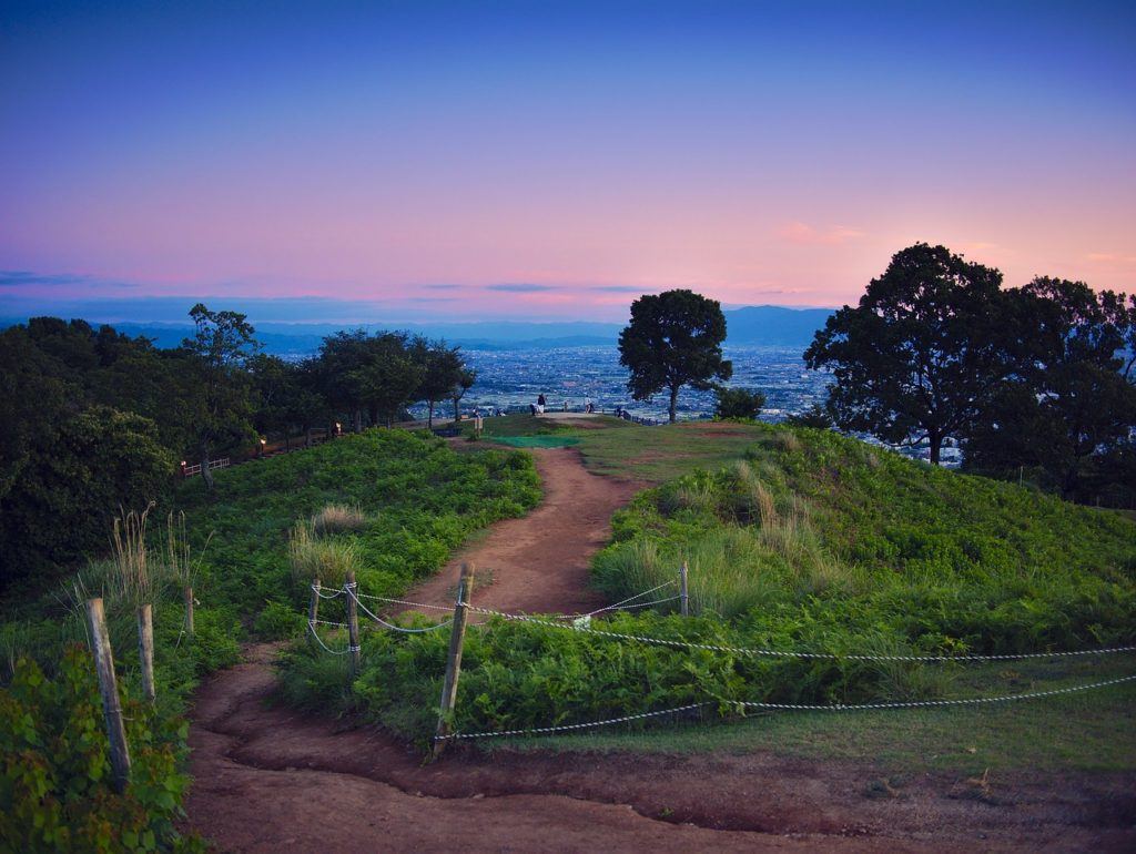 Overlook of a path on Mt. Wakakusa at sunset.