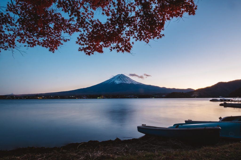 View of Mount Fuji from a lake.