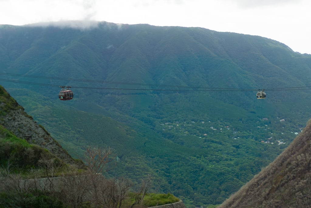 Two ropeway cars going up a mountain in Hakone.