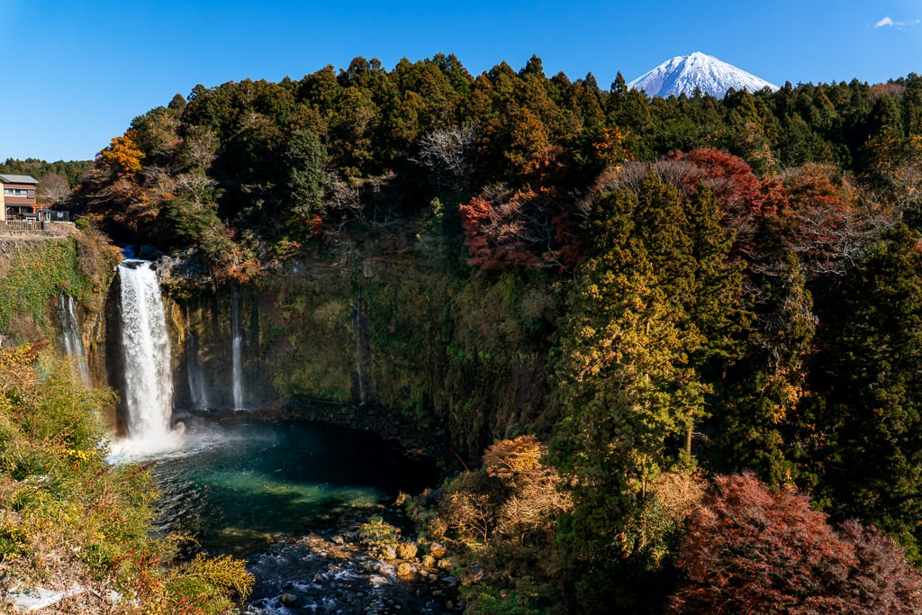 View of Mt. Fuji and Otodome Falls in Fuji, Japan