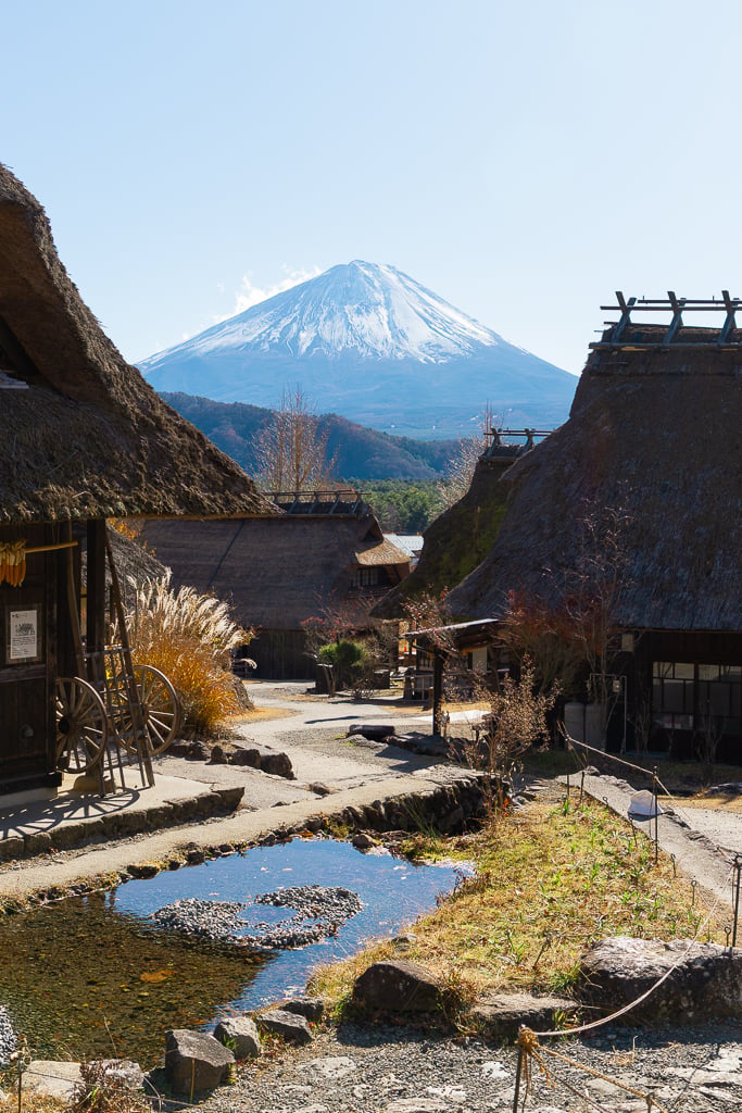 View of Mt. Fuji from Iyashi no Sato Traditional Village in Fuji, Japan