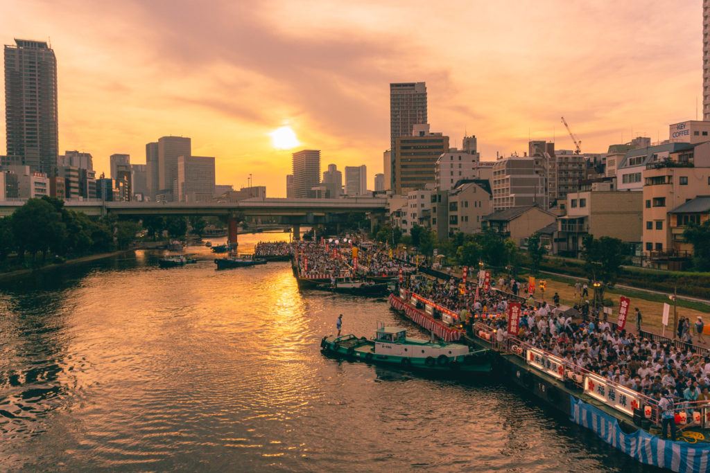 Sunset on the river for Tenjin Matsuri in Osaka.