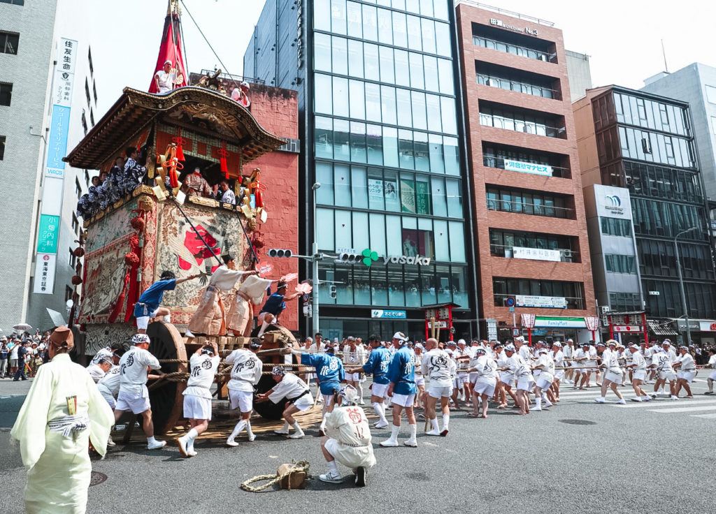 Turning one of the floats at Gion Matsuri in Kyoto.