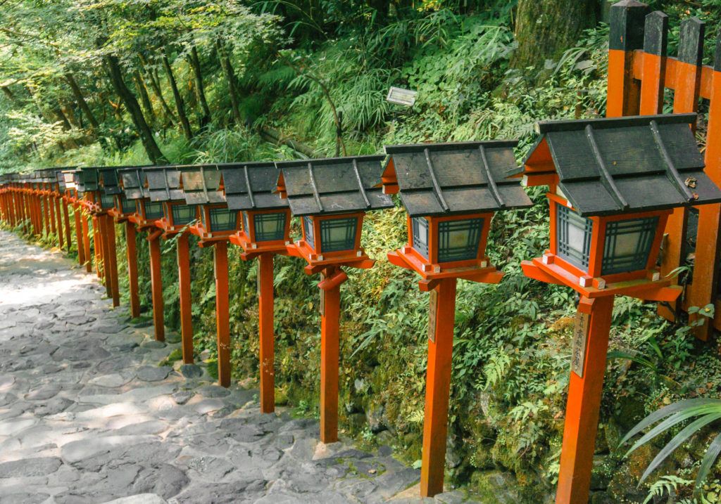 Rows of red lanterns at Kifune Shrine.