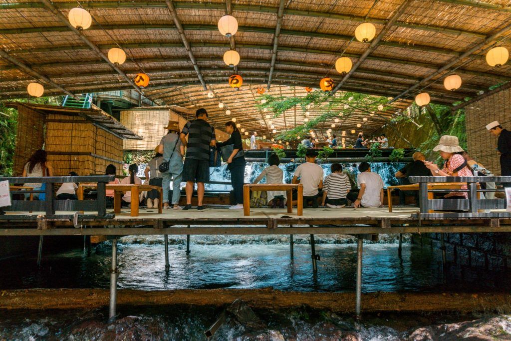 Nagashi somen seating area at Hirobun in Kyoto, Japan