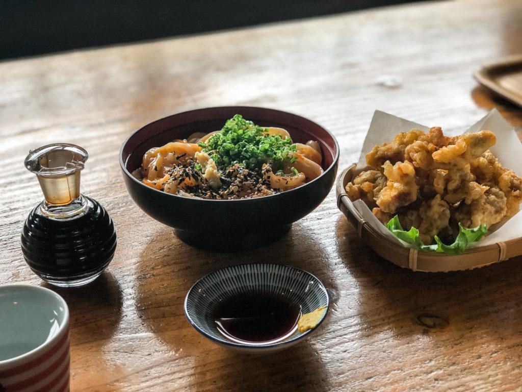 Katama Udon and Toriten from Okamotoya Baiten in Beppu, Japan