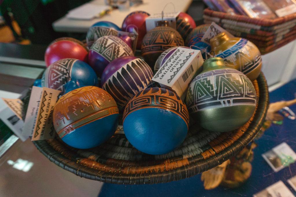 Bowl of handmade ornaments inside a souvenir shop at the Grand Canyon.