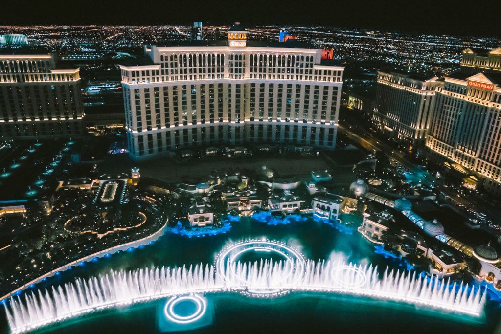 View of the Bellagio Fountain Show from the Eiffel Tower viewing deck in Las Vegas.