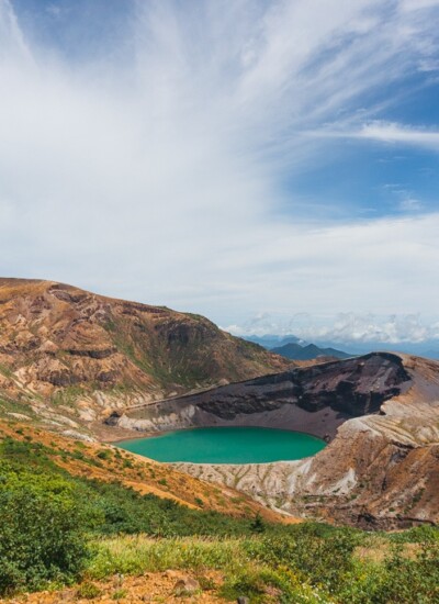 View of Okama Crater Lake on Mount Zao in Japan