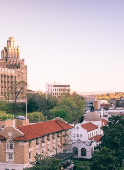 Aerial view of Downtown Hot Springs, Arkansas at sunset - things to do in Hot Springs