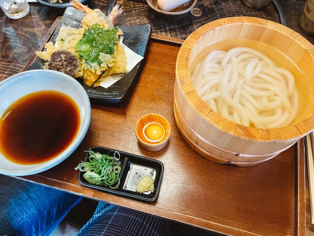 Udon and tempura set from Tsurutontan in Osaka, Japan.