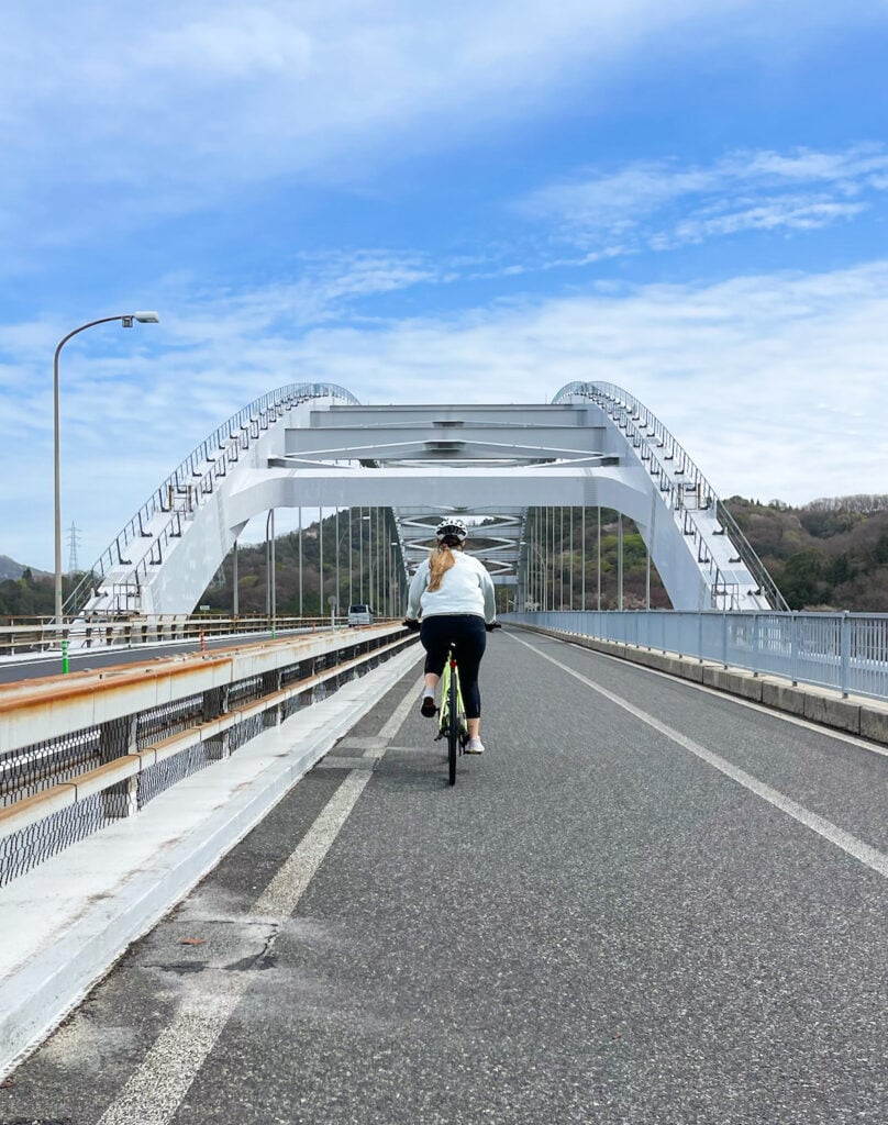 Cycling over one of the bridges on Shimanami Kaido.