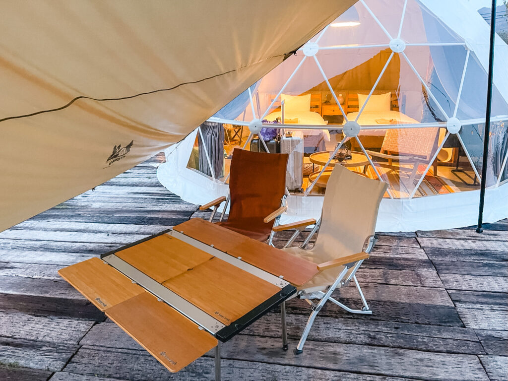 Outside of the dome tent and outdoor dining table at WAKKA, Shimanami Kaido hotel.