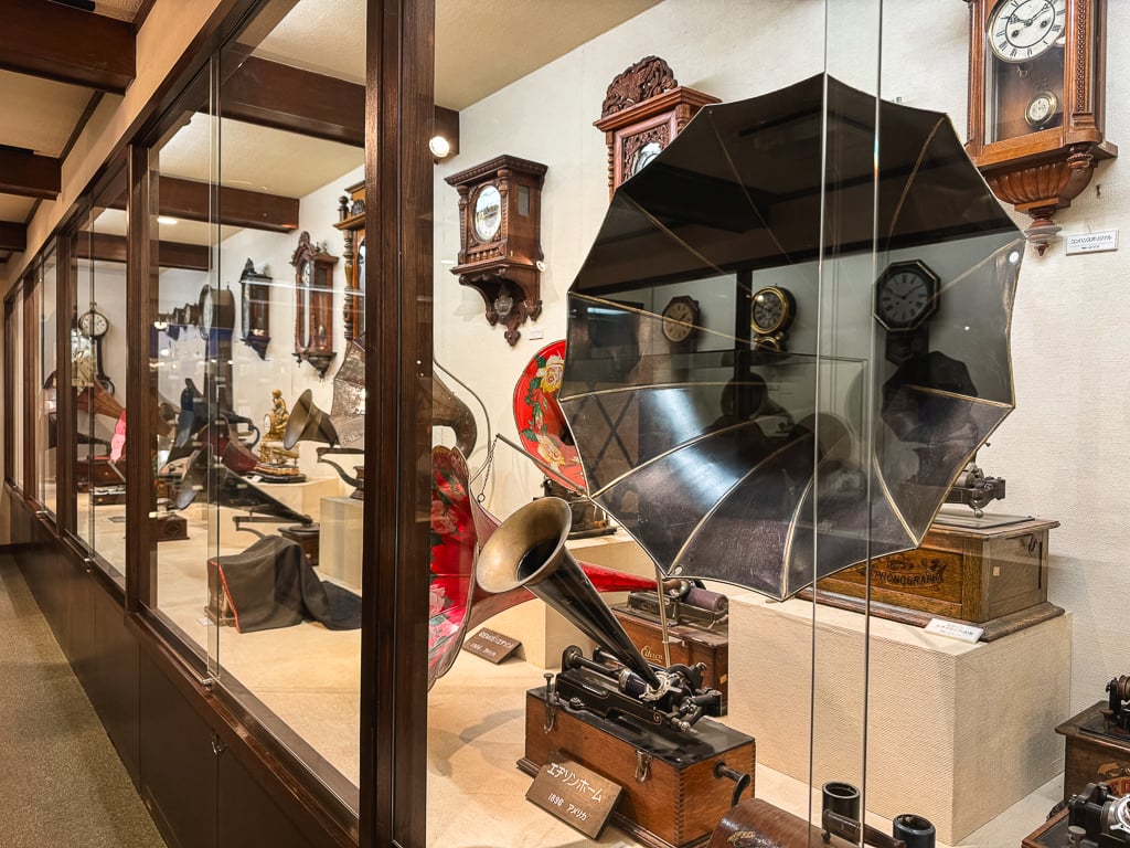 Clocks, gramophones, and other memorabilia inside one of the traditional samurai residences in Kakunodate, Japan