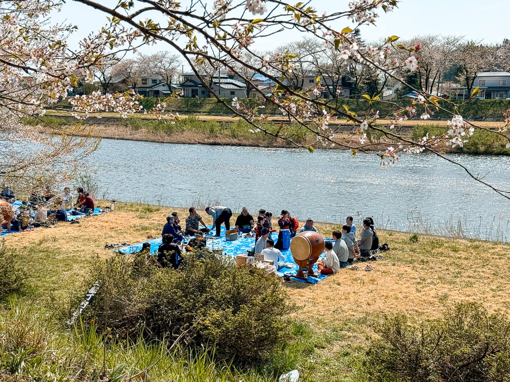 Picnic and festival at Hinokinaigawa Tsutsumi Park in Kakunodate, Japan