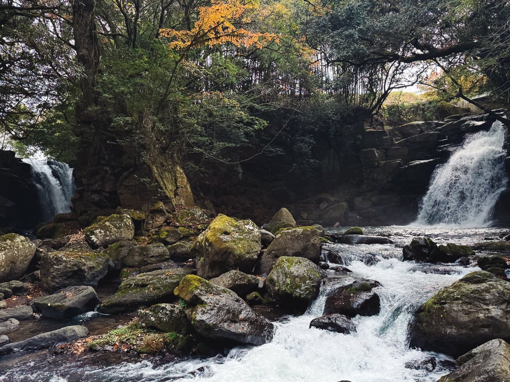 View of Meoto Falls, two small waterfalls outside of Kurokawa Onsen, Japan