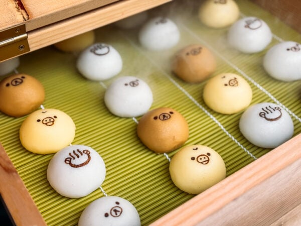 Rilakkuma and Friends store in Kurokawa Onsen. The picture shows manju, a steamed bun Japanese confection, with depictions of Rilakkuma and friends.