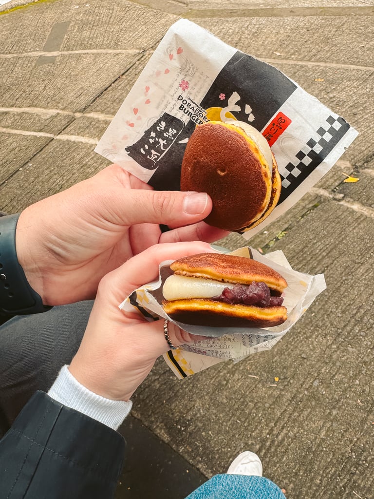 Two dorayaki, a traditional Japanese sweet that is made with two small pancakes and sweet red bean paste in Kurokawa Onsen.