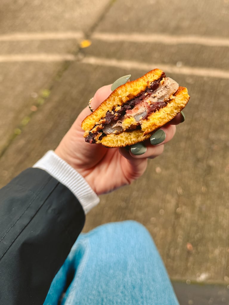 Inside of a dorayaki, a traditional Japanese sweet that is made with two small pancakes and sweet red bean paste in Kurokawa Onsen.