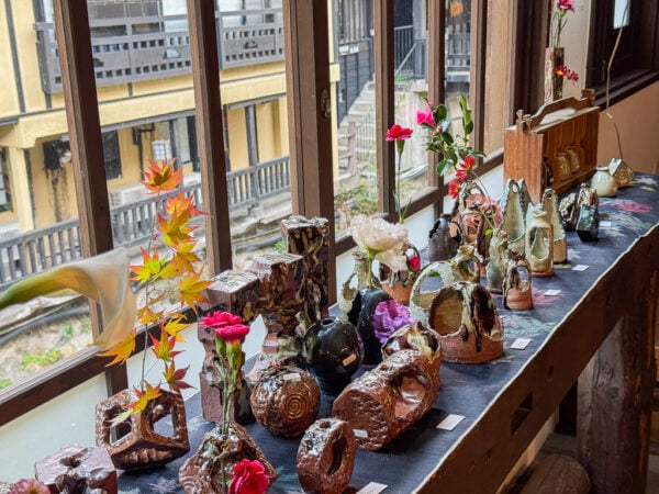 Handmade pottery pieces in a small store in Kurokawa Onsen, Japan