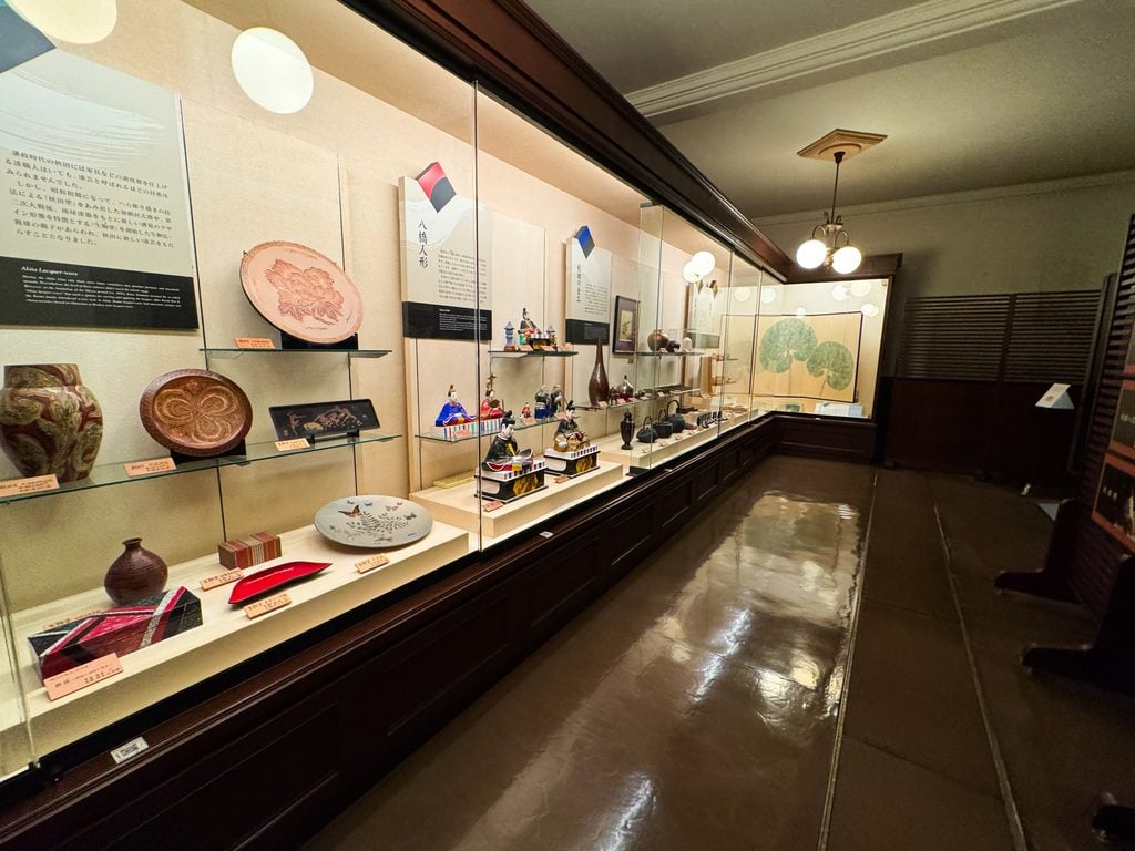 Various historical artifacts and art pieces at the Akarenga-kan Museum in Akita, Japan